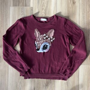 sz 8-10 Maroon Long Sleeve Sweater Shirt Blouse Top with Baby Bambi Deer by H&M